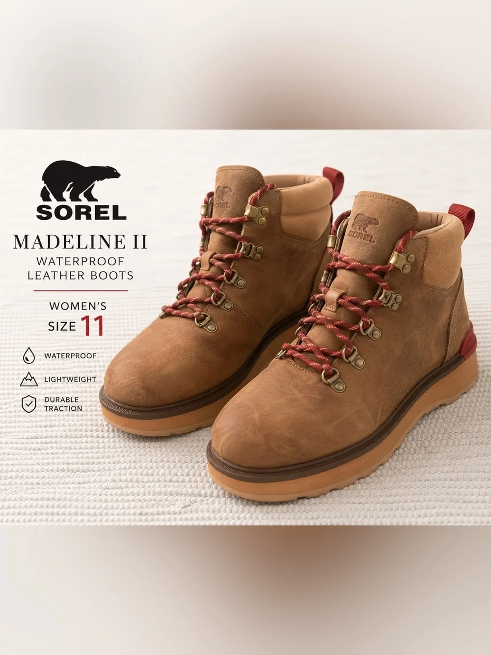 Sorel Madeline II Waterproof Leather Boots Tan Red Lace Women’s 11